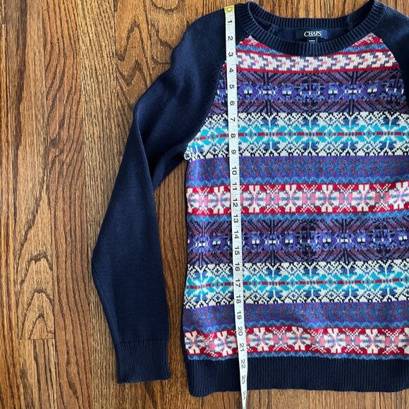 Chaps Fair Isle Crewneck Raglan Sweater Blue Pink Purple Aztec Geometric Small - Picture 7 of 8
